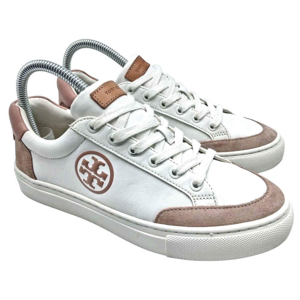 Tory Burch Shoes Womens Size 6.5 White Pink Beige Leather Logo Low Top Sneakers